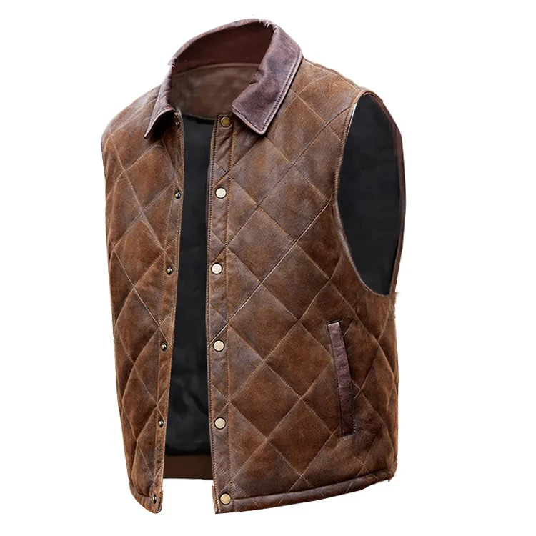 Men's Vintage Suede Vest Outdoor Motorcycle Leather Lapel Vest Jacket-barclient
