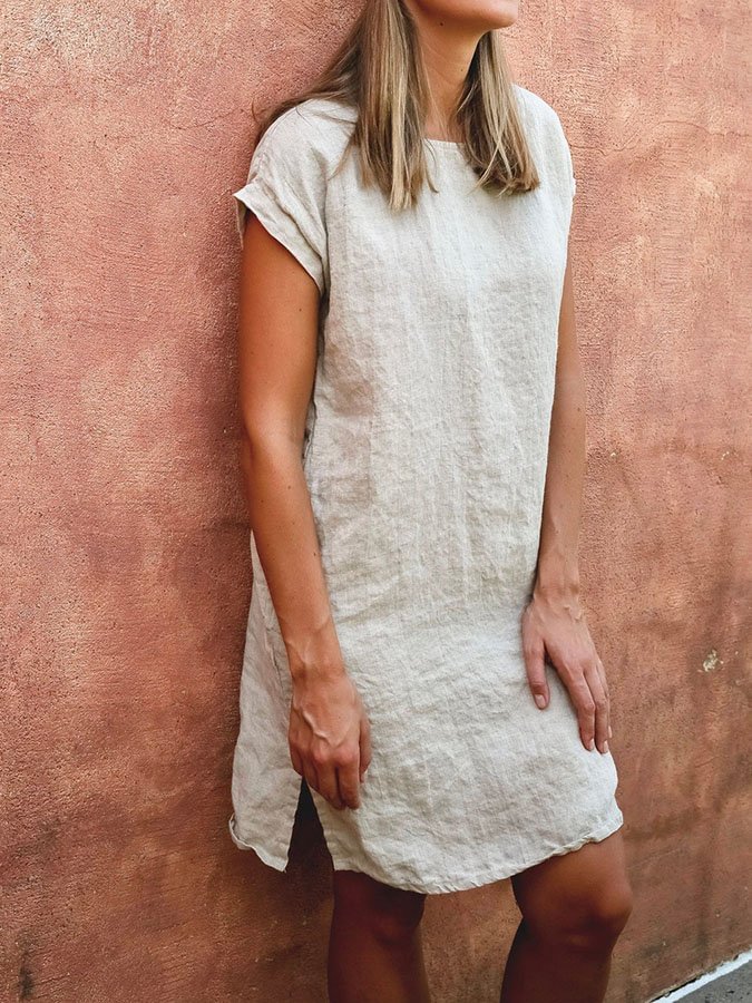 Solid Color Split Casual Cotton And Linen Dress
