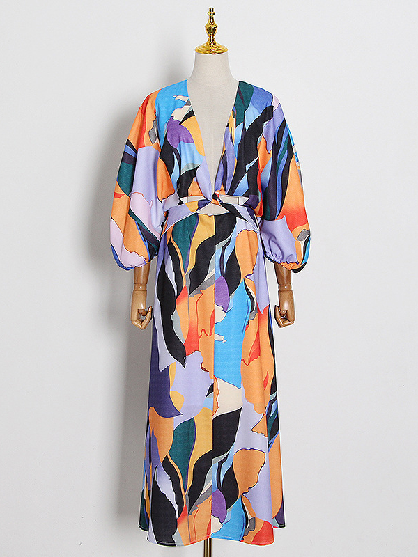 Original Puff Sleeves Loose Contrast Color Printed Deep V-Neck Maxi Dresses