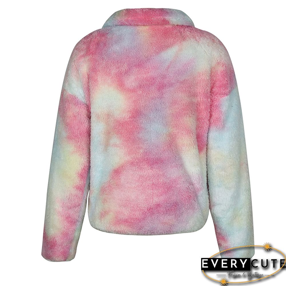 Multicolor Tie Dye Print Zip Neck Plush Sweatshirt