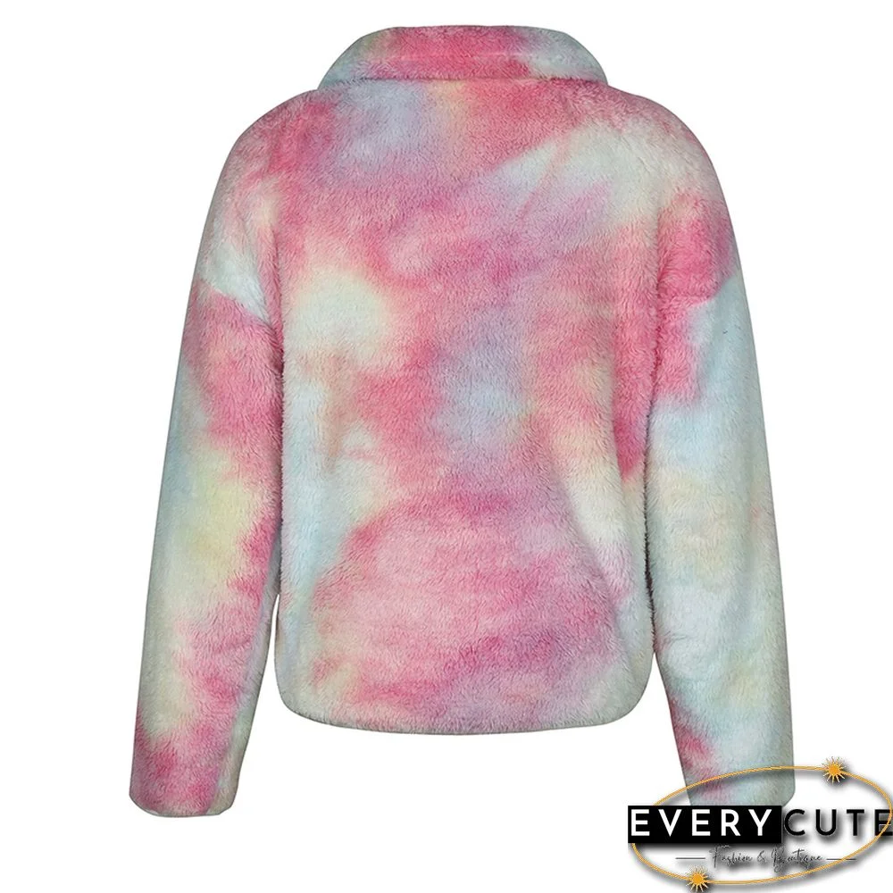 Multicolor Tie Dye Print Zip Neck Plush Sweatshirt
