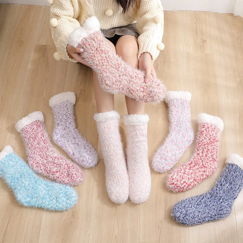 2PCS Warm Floor Socks Women Winter Socks Thick Plush Non-slip Female Sleeping Home Sox Christmas Gifts Harajuku Design for Girls