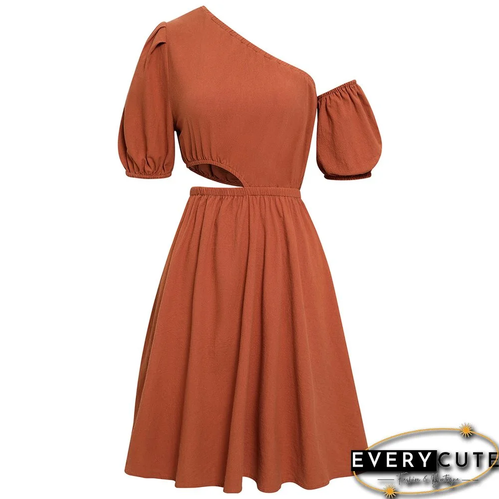 Rust Red Cut-out One Shoulder Casual Dress