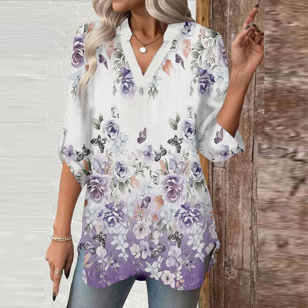 Women Floral,Purple,Green DZGA0581 3/4 Sleeve V-neck Printed Graphic Button Tops