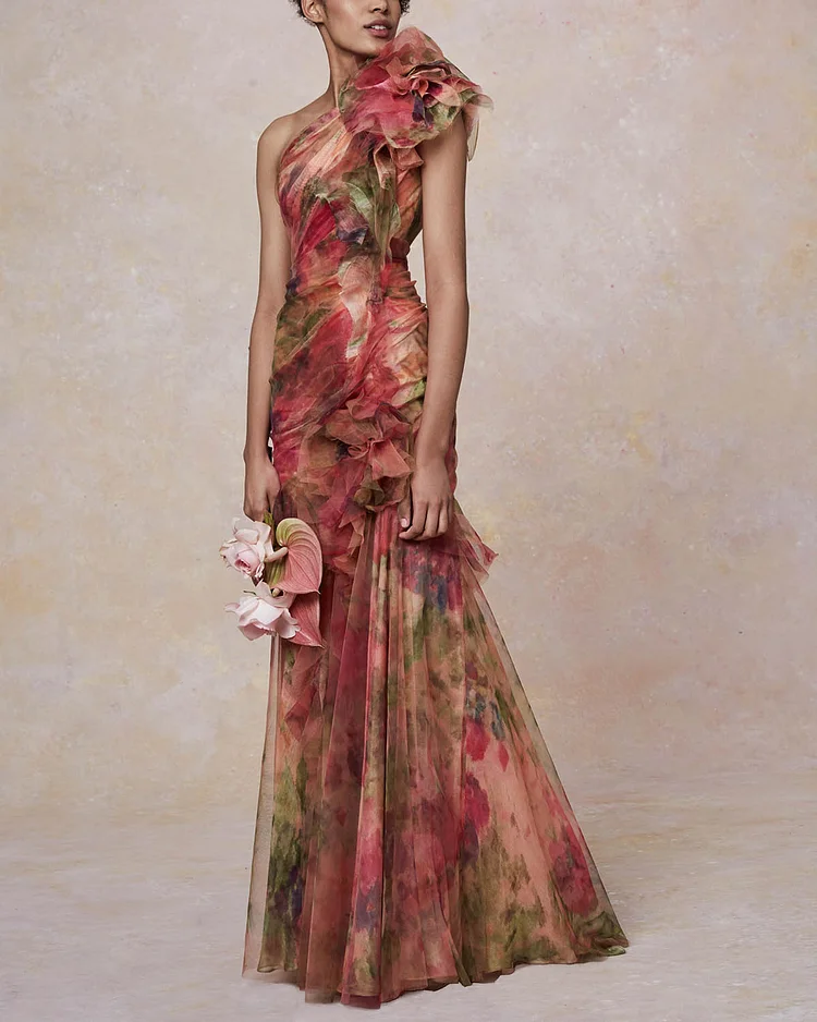 Elegant floral tulle maxi dress gown