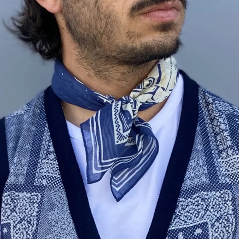 Vintage Dark Blue Printed Cotton Scarf