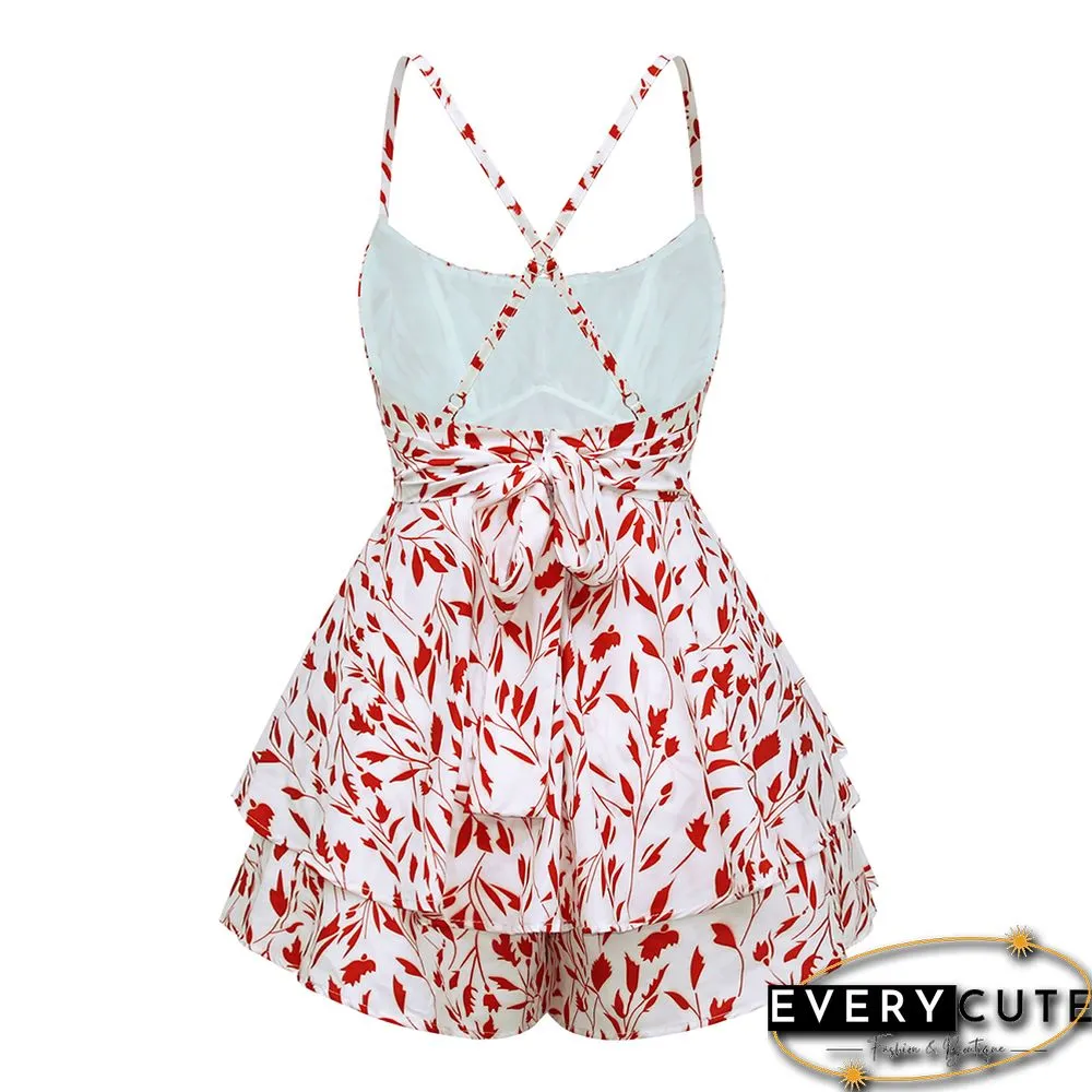 Red Spaghetti Strap Floral Print Ruffle Romper