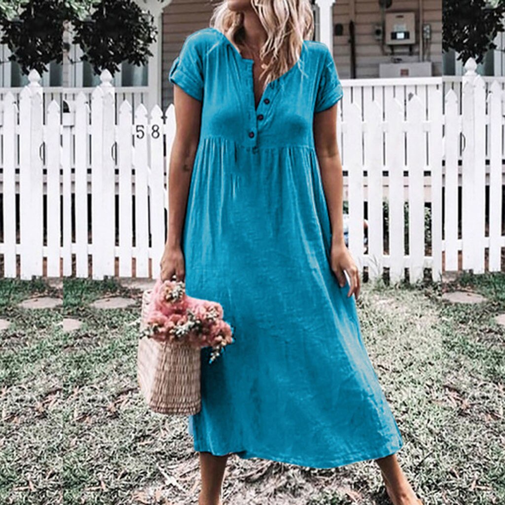 Women Cotton Linen Long Dresses Casual  Splice Button Dresses