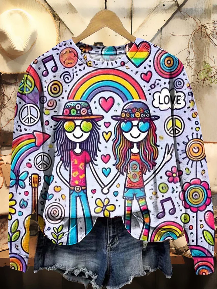 Hippie Couple Print Casual Sweatshirt