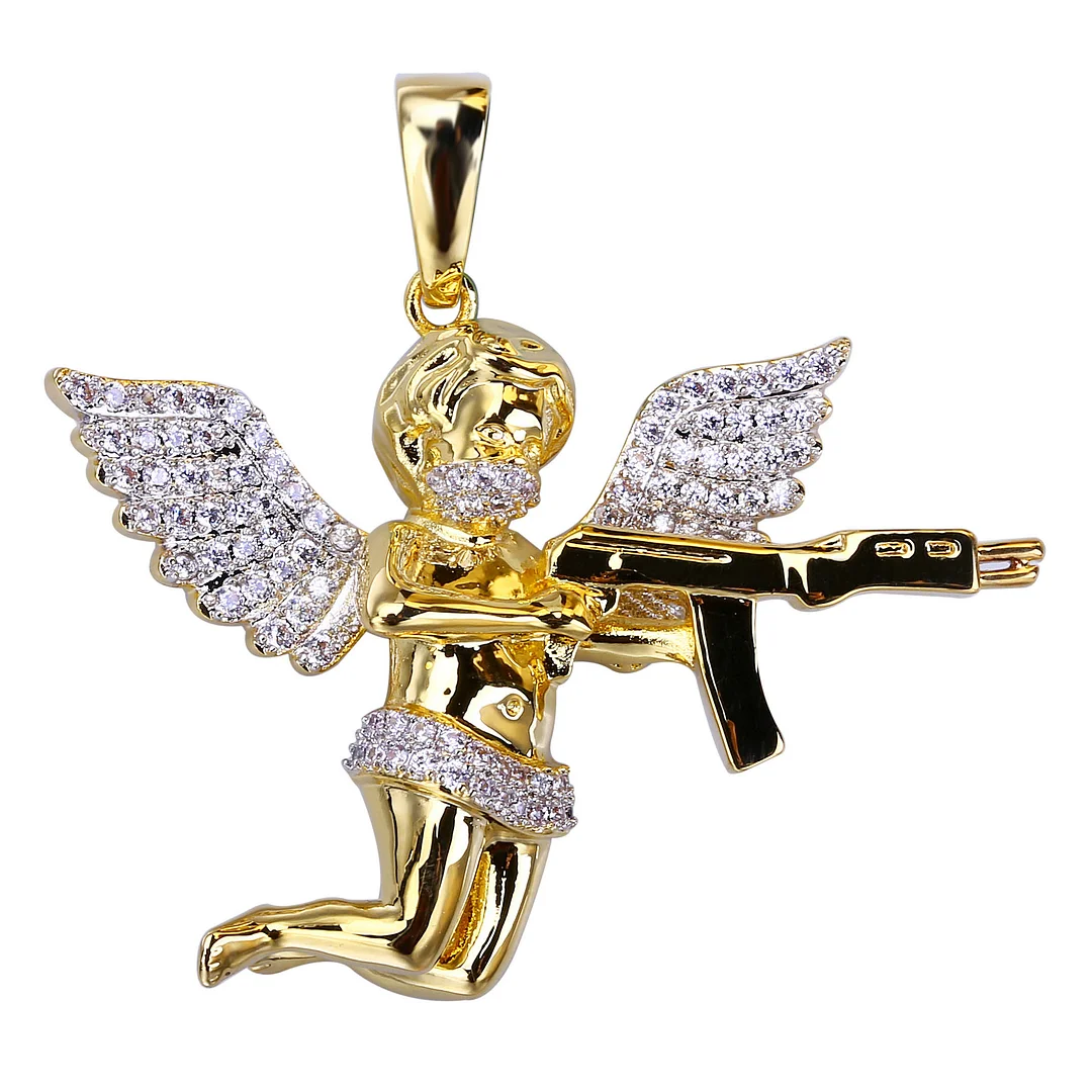 Gold Plated Iced Out Angel Wing Pendant Necklace-VESSFUL