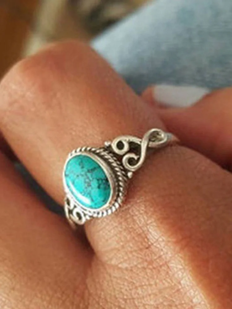 Retro Turquoise Inlaid Geometry Hollow Ring