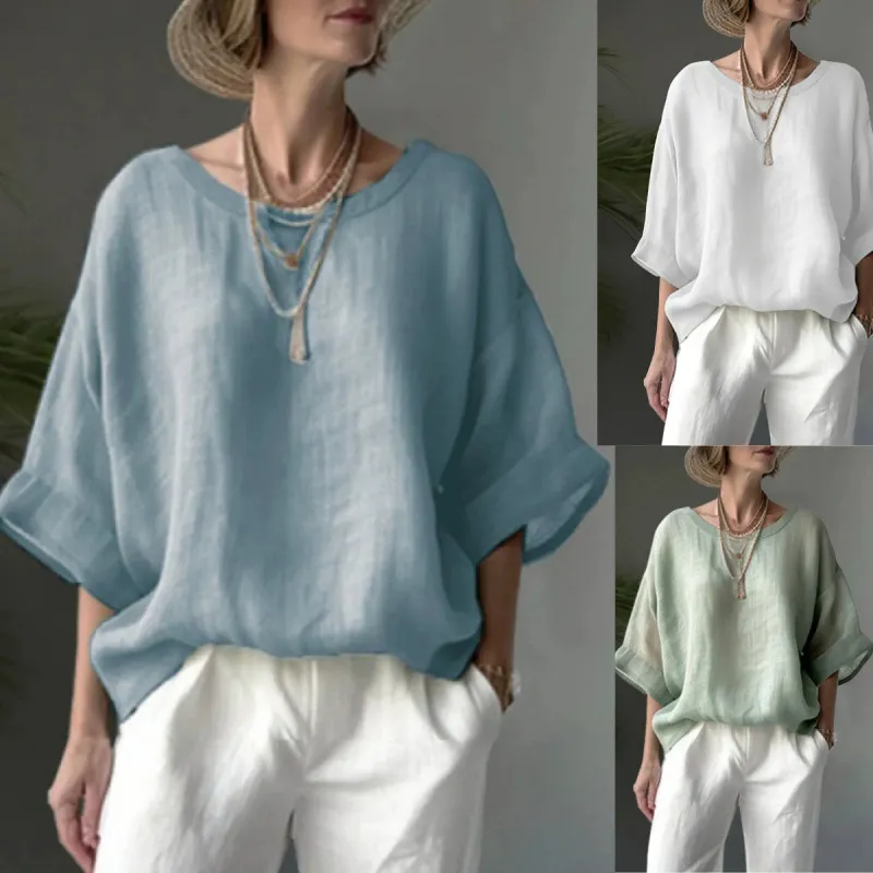 Women's Linen Cotton Batwing Sleeve Round Neck Blouse