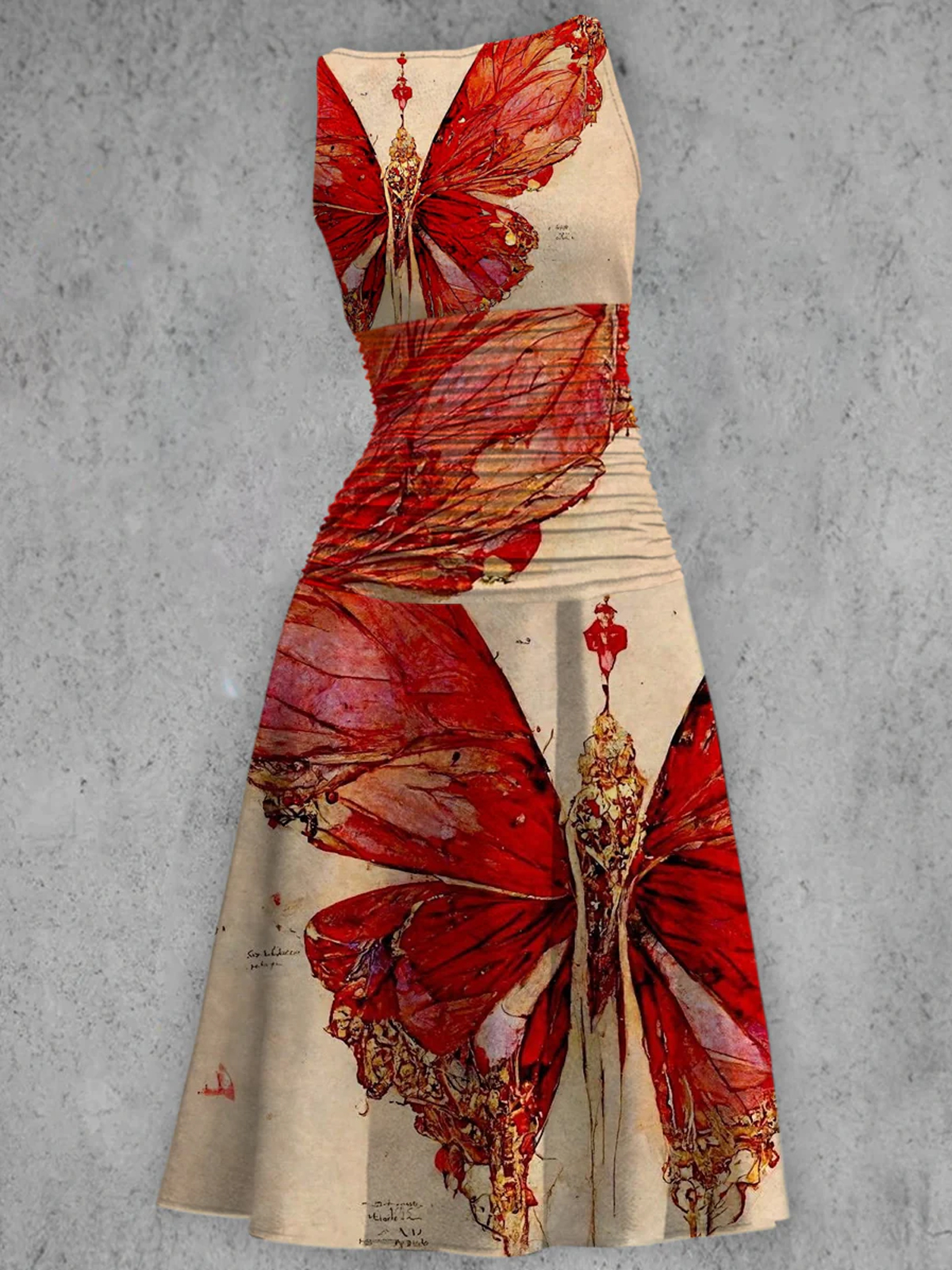 Vintage Elegant Red Butterfly Printed V-Neck Sleeveless Fashion Midi Dress T-Shirts& Hoodies,Custom Designs,Diverse Colors,Best Prices