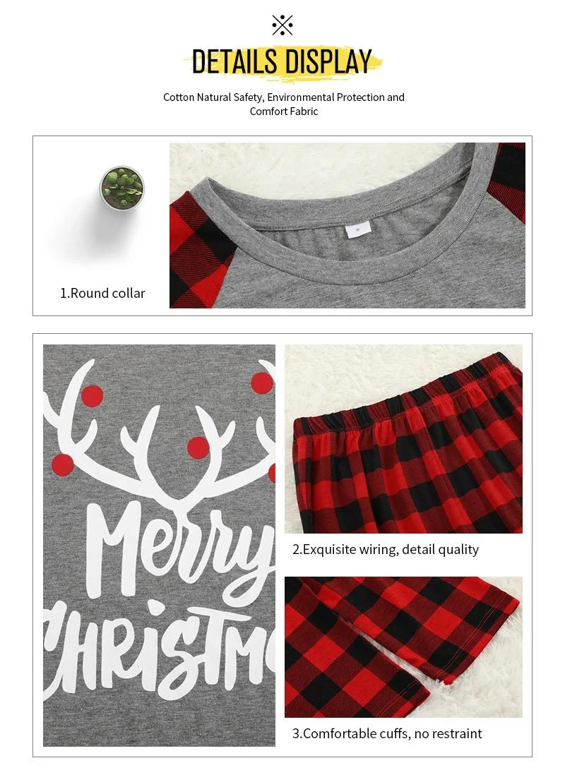 MERRY CHRISTMAS Antler Print Grey Top with Black and Red Plaid Pants Family Matching Pajamas Set JJF-005