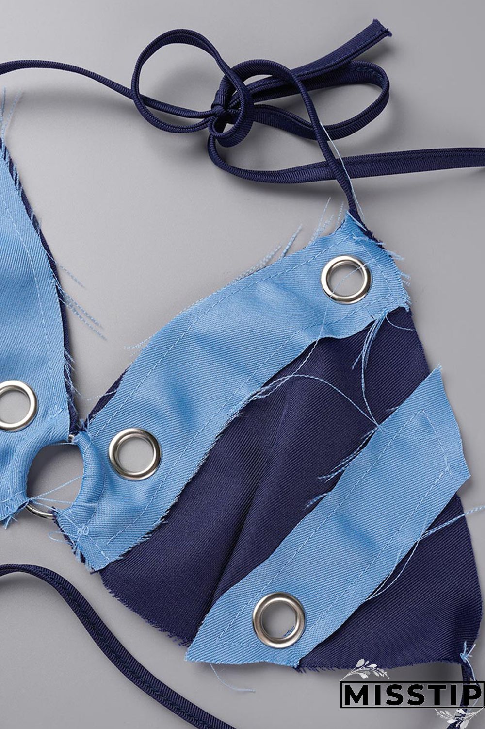 Blue Sexy Patchwork Bandage Hollowed Out Backless Contrast Halter Sleeveless Two Pieces
