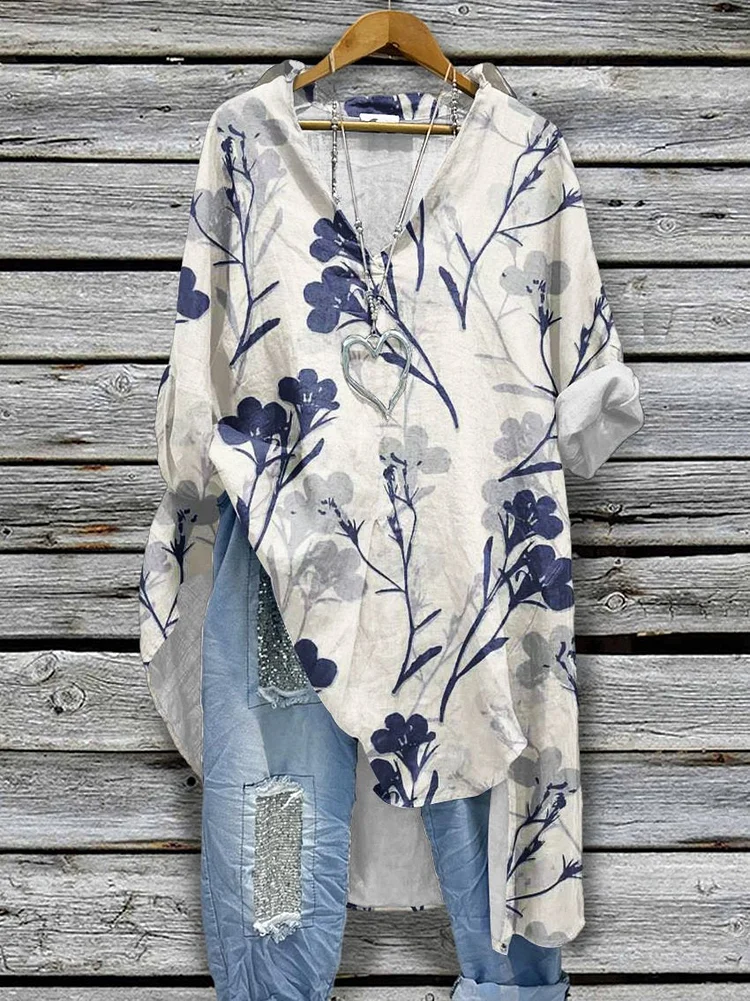 Women's Vintage Flowers Pattern Print Casual Cotton And Linen Shirtdress
