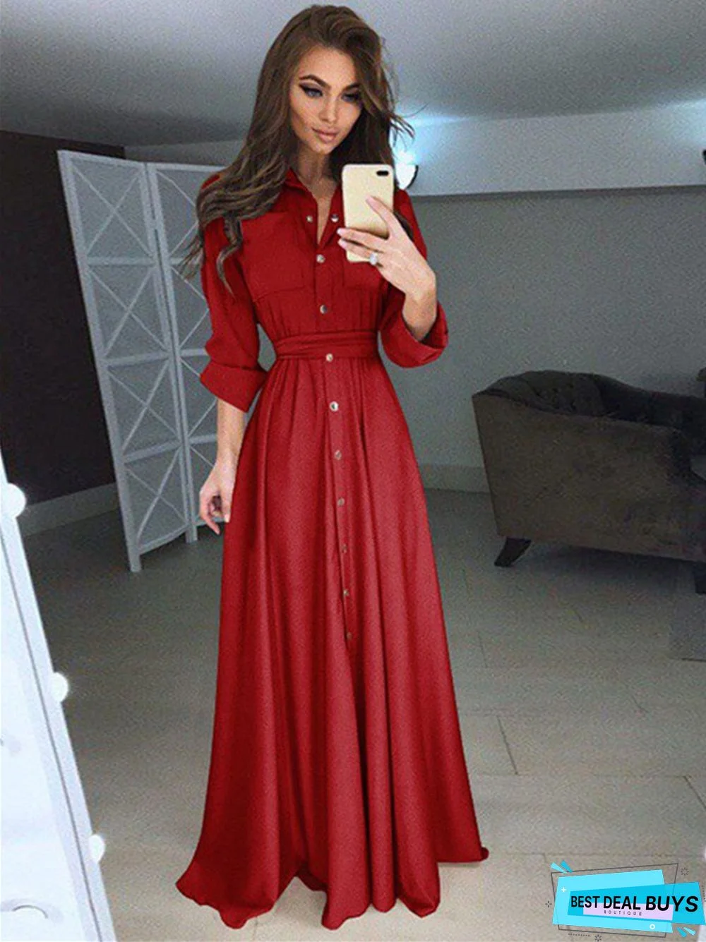 Long Sleeve Button Lace Solid Color Dress