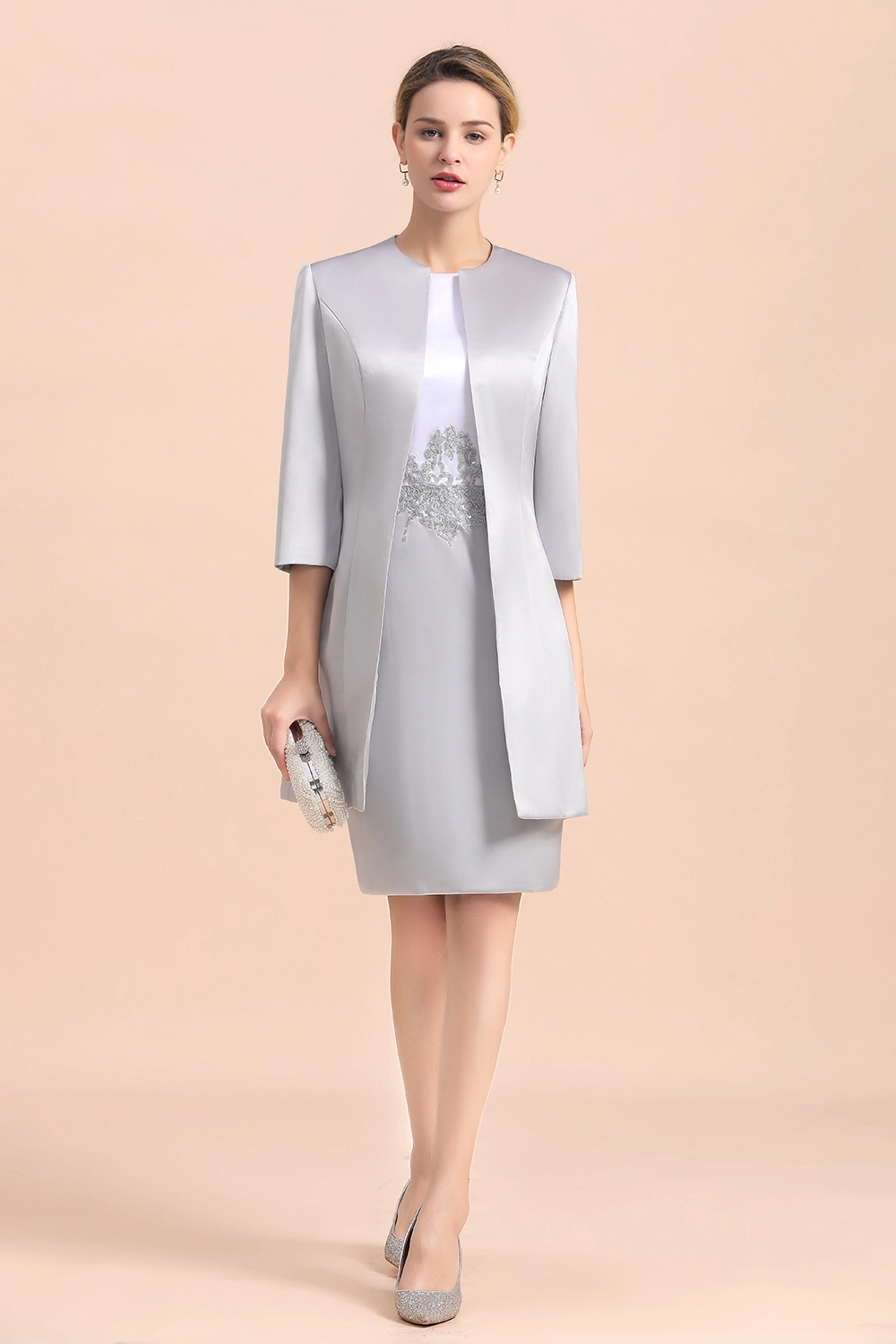 Lussooy Stunning Silver Satin Embroidery  Scoop Two Piece Set Mother of The Bride Dress 