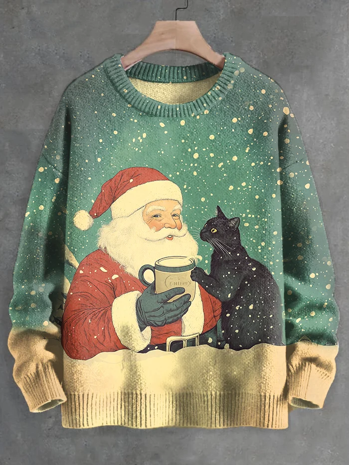 Men's Vintage Santa and Cat Christmas Tea Art Knit Sweatshirt