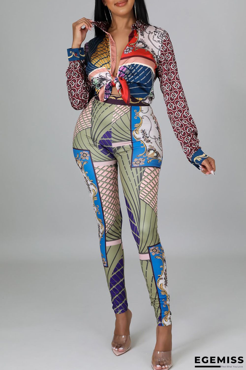 Fuchsia Casual British Style Print Patchwork Buckle Turndown Collar Long Sleeve Two Pieces | EGEMISS