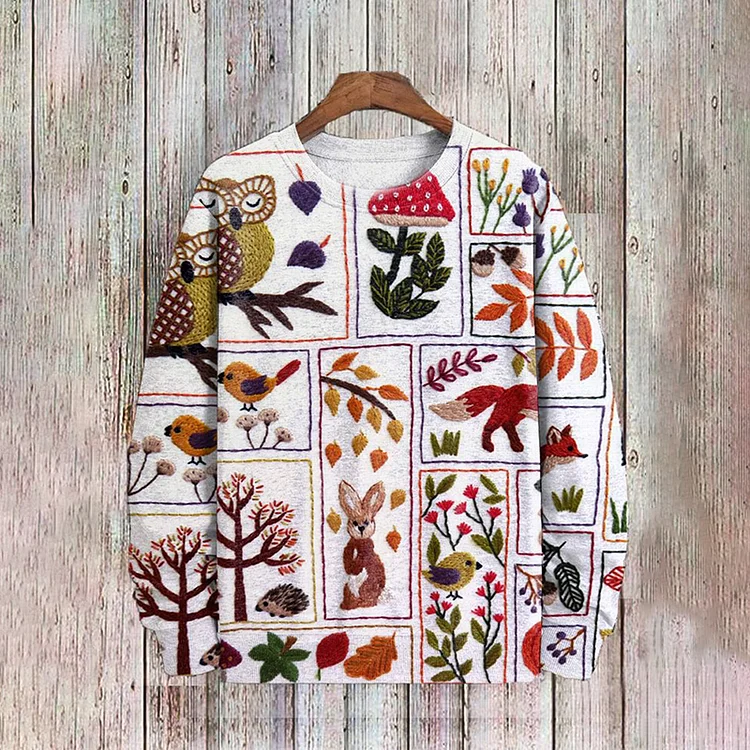 Men's Forest Animal Plant Embroidery Print Cottagecore Sweatshirt