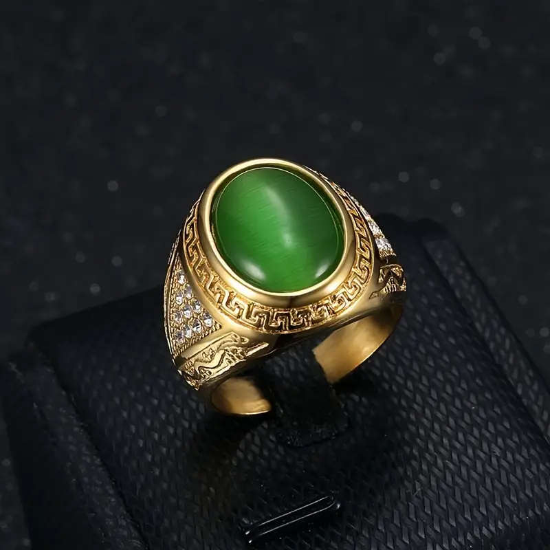 1pc imitation   stone ring gradient green ring     ring 316l stainless steel gold plated ring titanium steel mens ring details 4