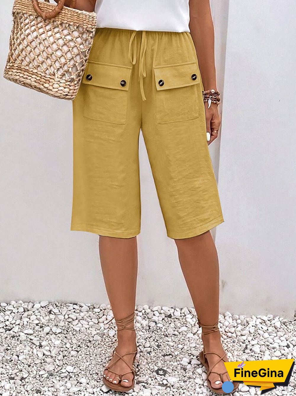 Solid Color Double Pocket Lace Loose Casual Cropped Pants