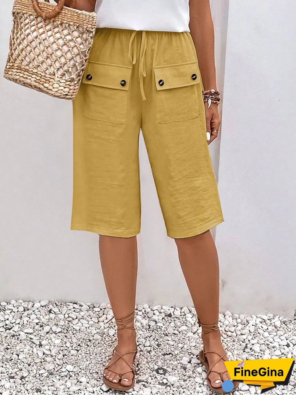 Solid Color Double Pocket Lace Loose Casual Cropped Pants