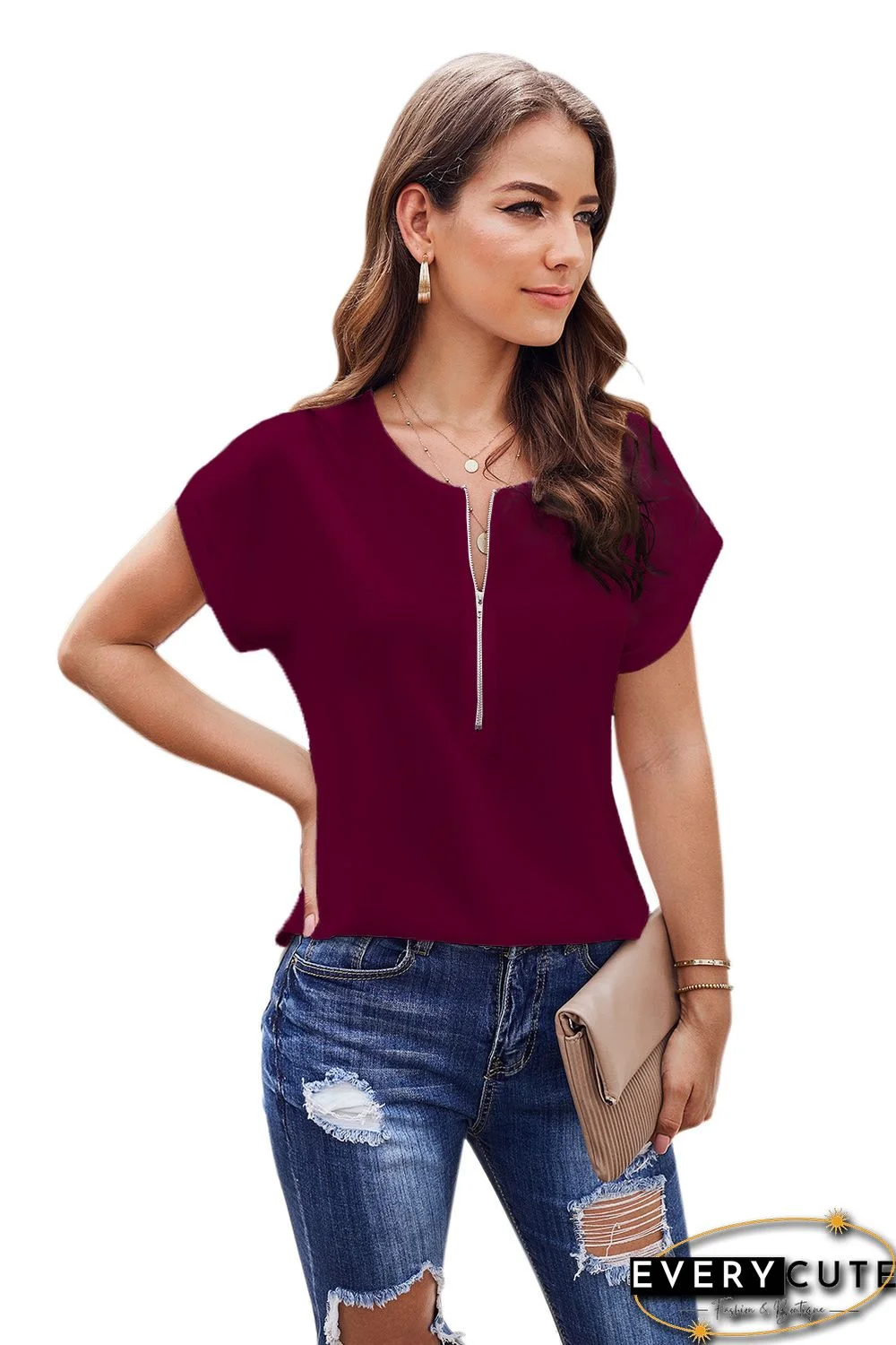 Red Zip To It Blouse