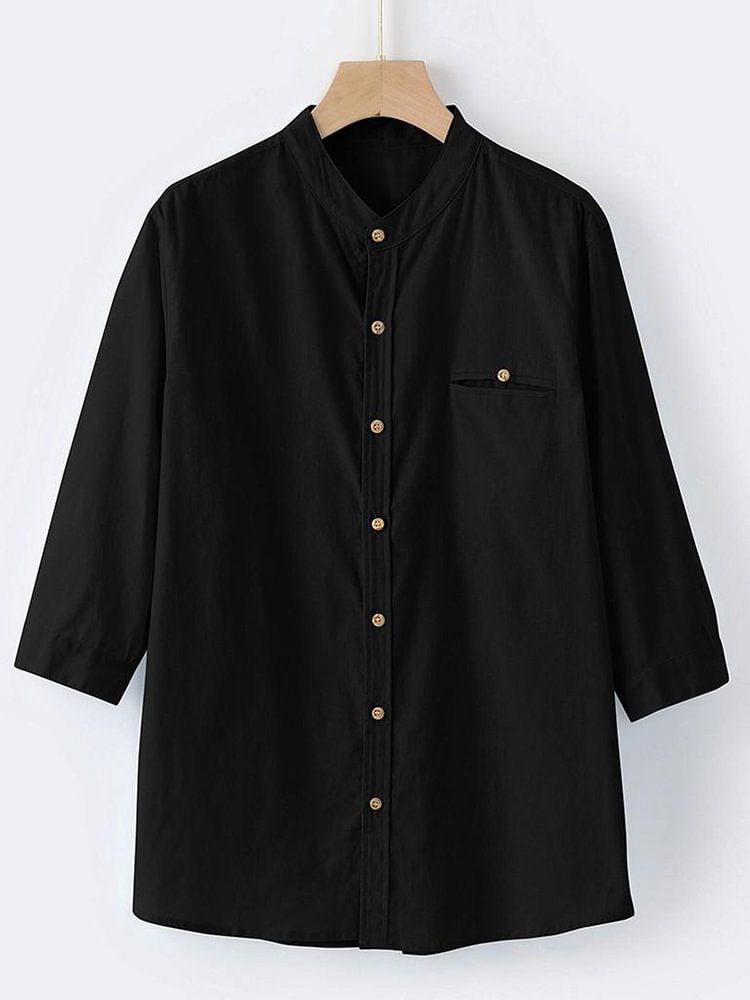 Men's cotton and linen solid color stand collar cardigan sleeve shirt
