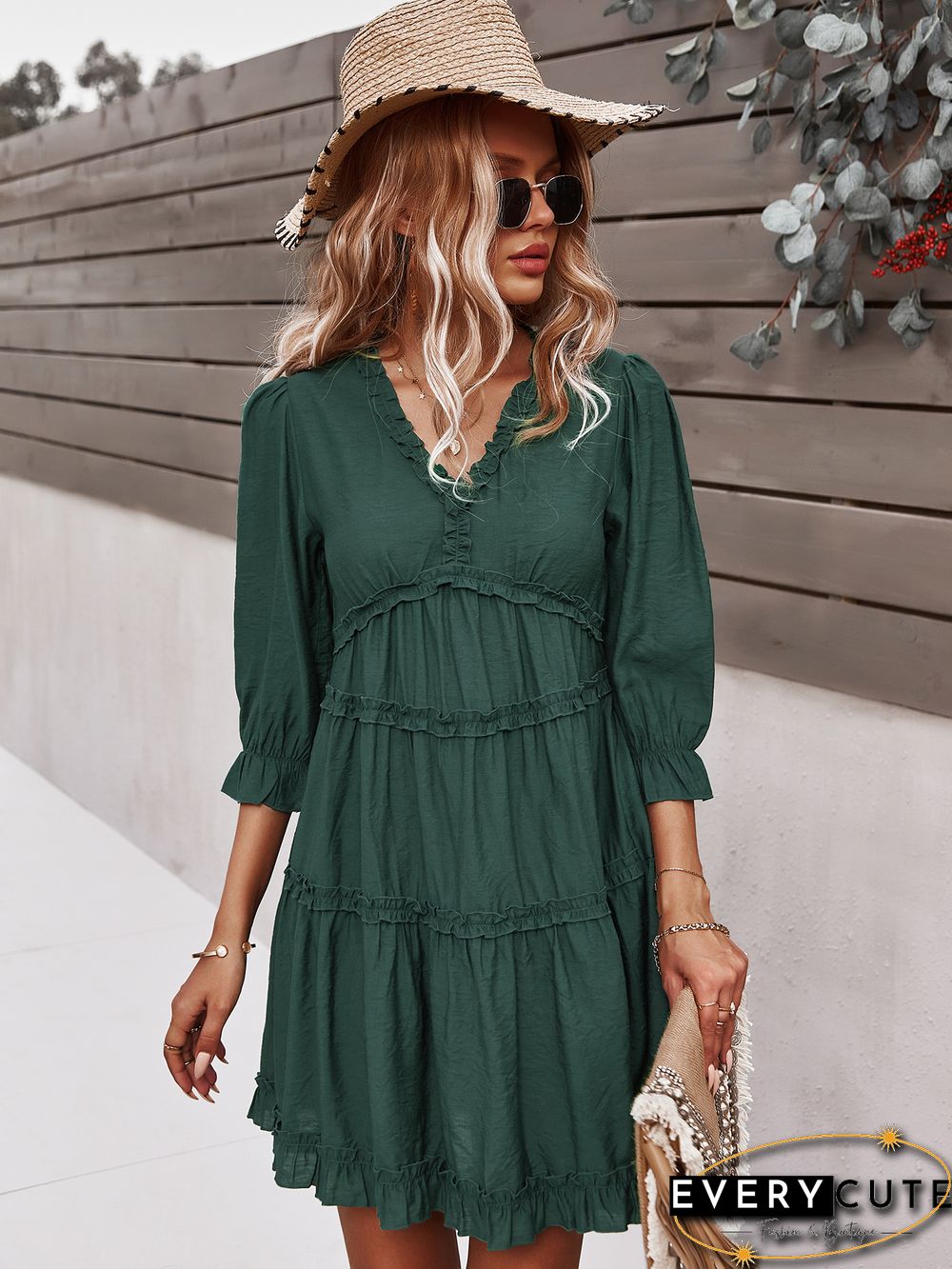 Green V Neck Ruffle Mini Dress