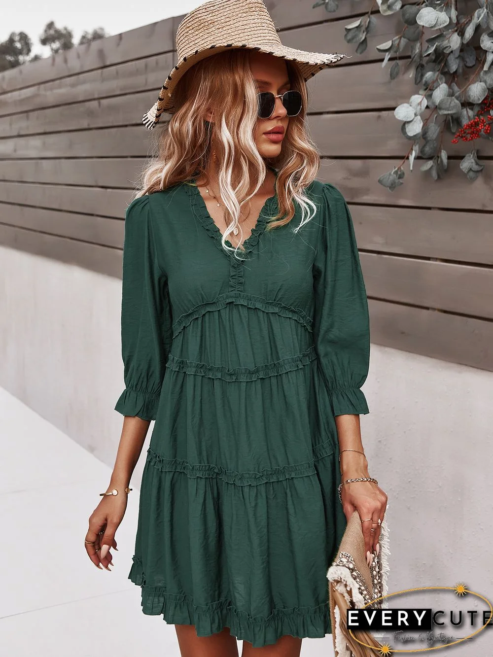 Green V Neck Ruffle Mini Dress