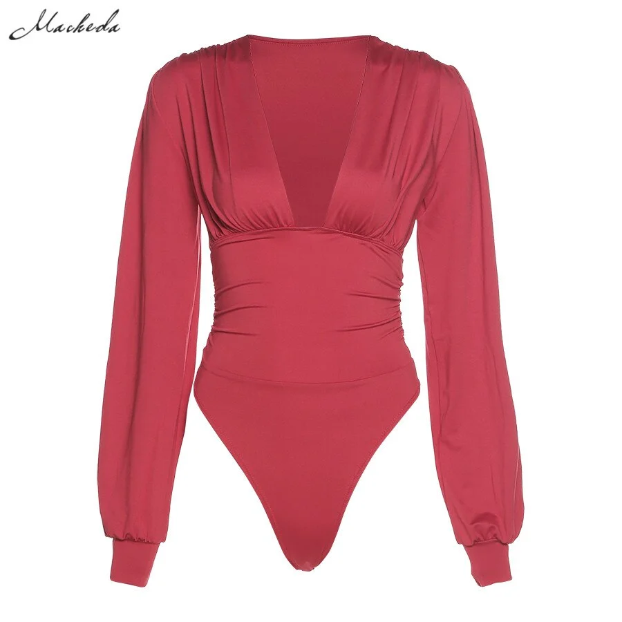 Macheda Autumn Solid Sexy Bodysuit Women Long Sleeve Deep V Neck Fashion Clothing Lady Casual Slim Body Suits 2020 New