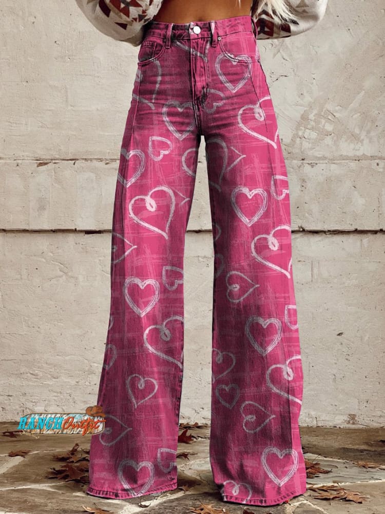 Women’s Sweet Hearts Repeat Pattern Printed Casual Wide Leg Pants Pink / S