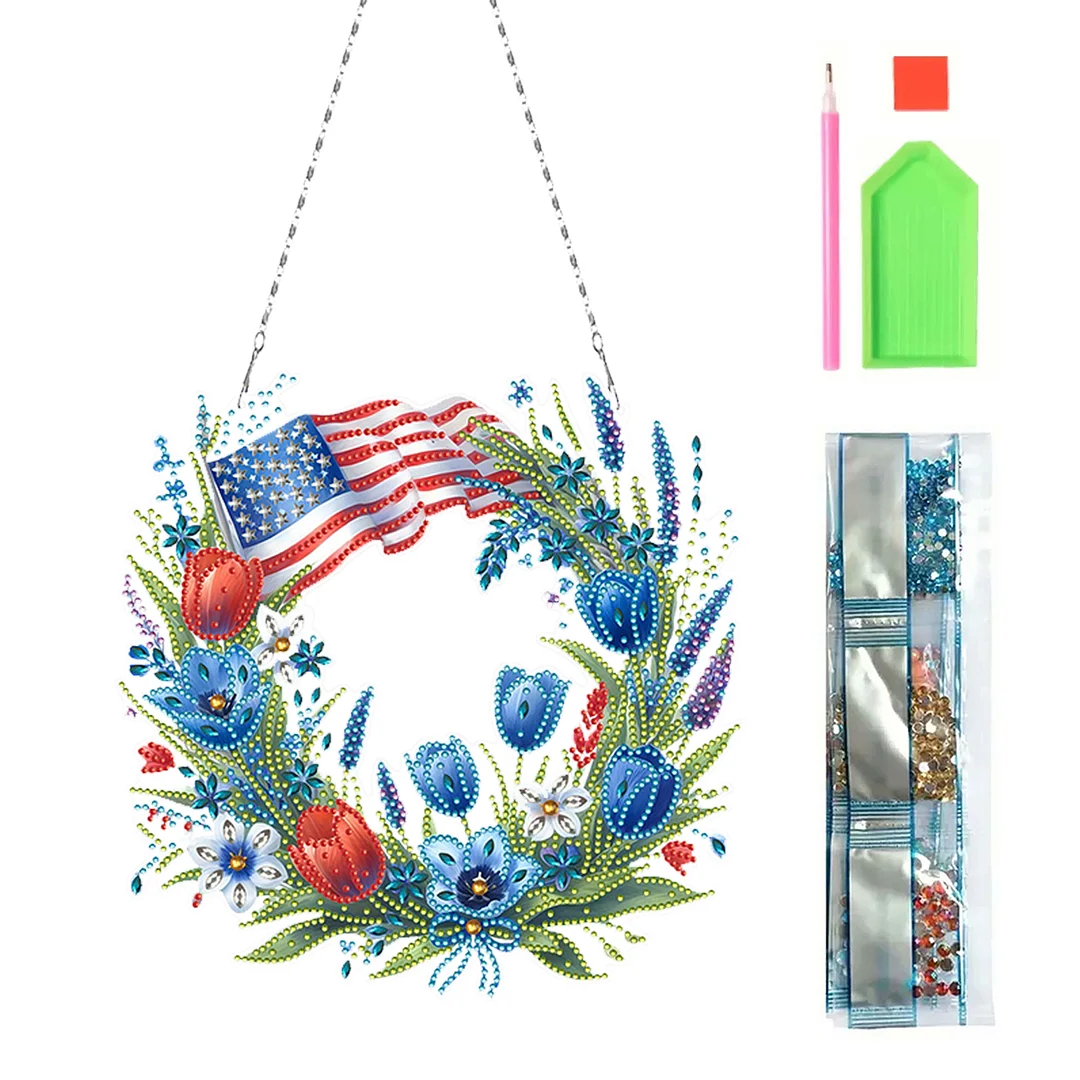 DIY Independence Day Wreath 5D Diamond Painting Dots Pendant for Window Wall