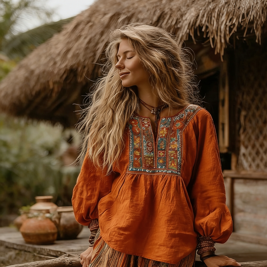Linen Bohemian Embroidered Top Women's Loose Long Sleeve Peasant Blouse Ethnic Vintage Style Summer Casual Shirt - Helixace