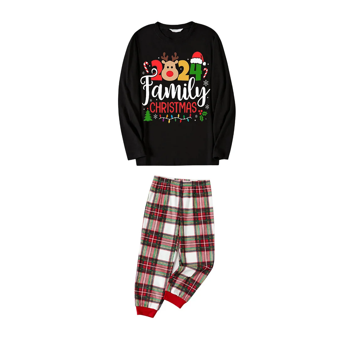 "Family Christmas 2024" Text and Deer Printed Red and White Plaid Family Matching Pajamas