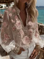 Women's Vintage Floral Art Print V-neck Long Sleeve T-shirt