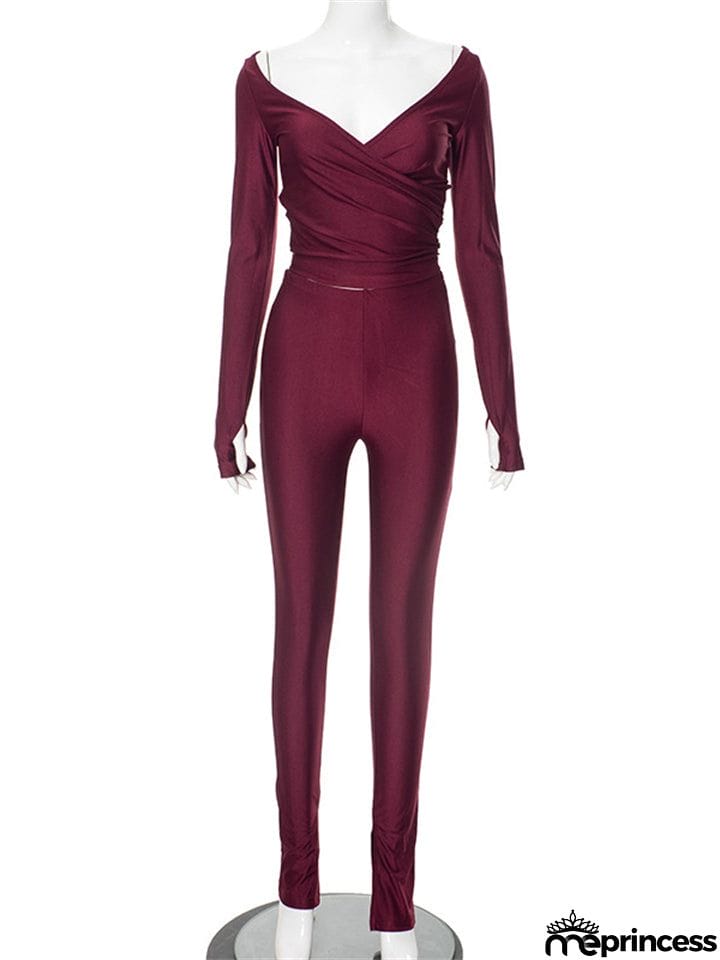 Ladies Sexy V Neck Pure Color Stretchy Shirt + Skinny Pants