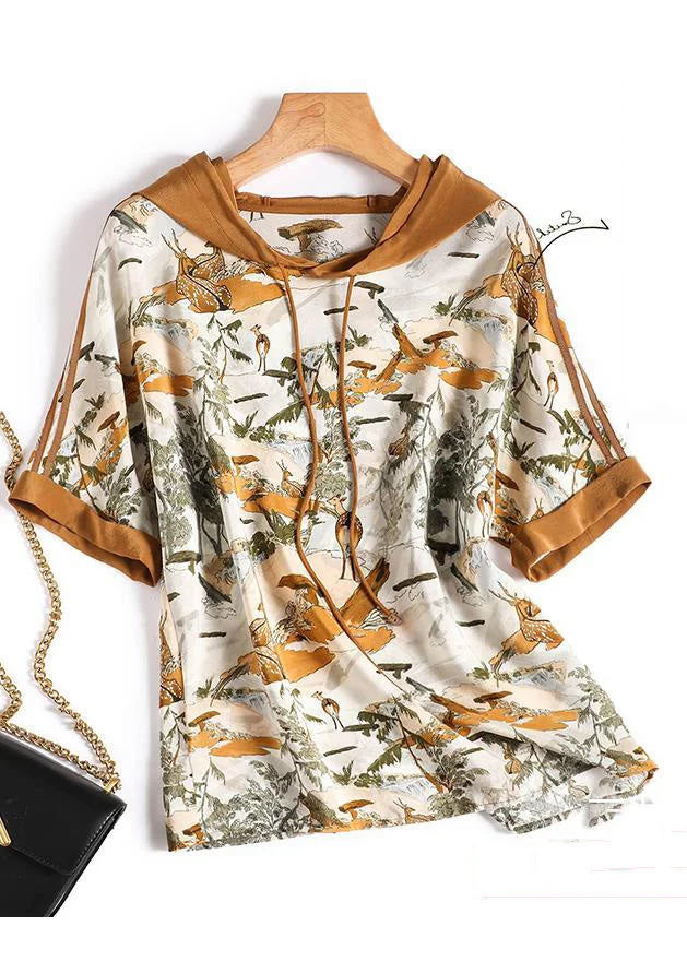 Unique Print Patchwork Drawstring Silk Hooded Top Short Sleeve