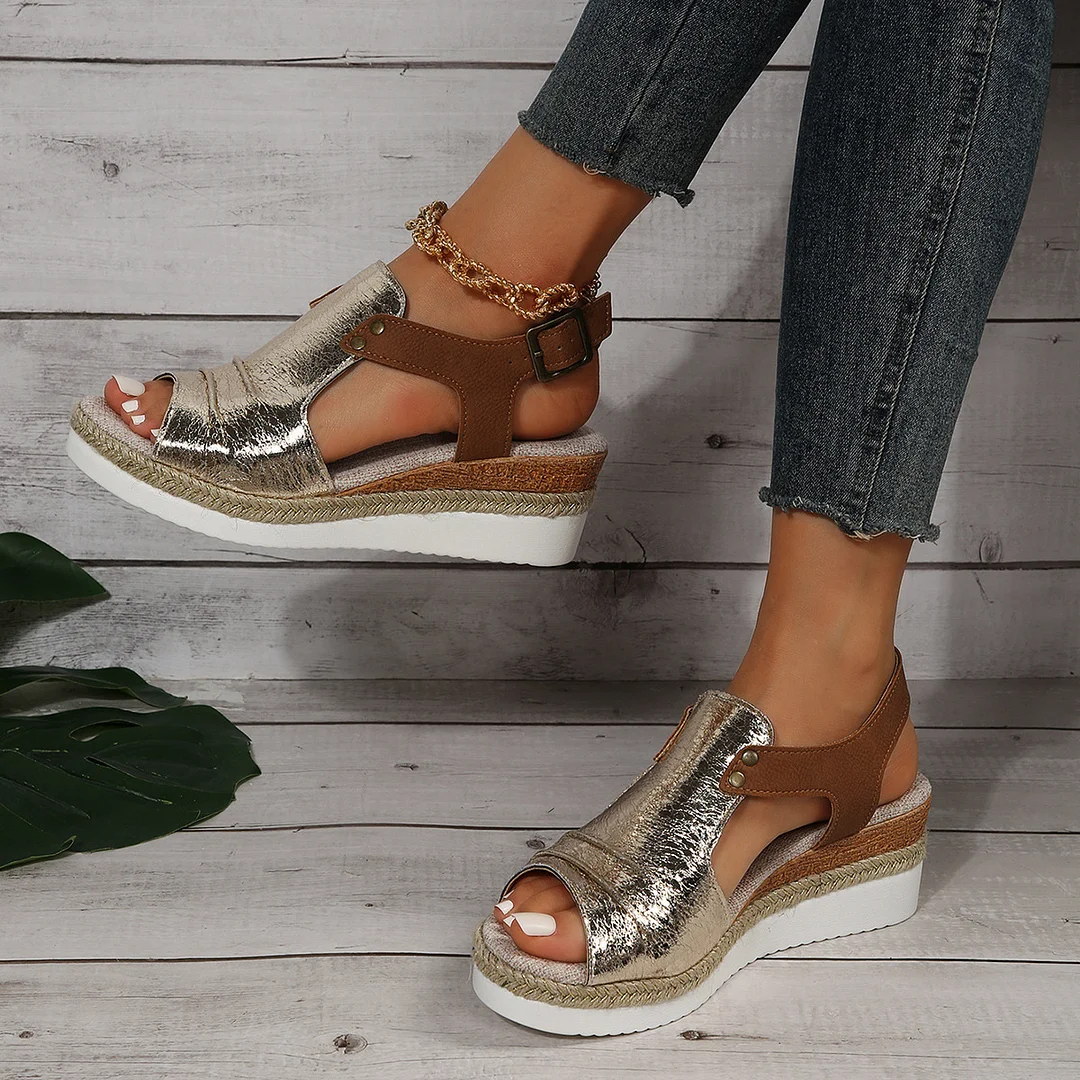 Yyvonne Fish Mouth Slope Heel Sandals Large-Size Folded Belt Buckle Bottom Hemp Rope Soles Women's Sandals In The Summer Of 2025