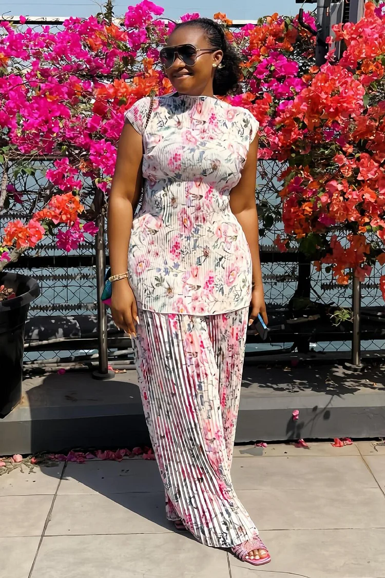 Pleated Floral Print Short Sleeve Cinch Waist Top Wide Leg Pants 2pcs Set-Pink