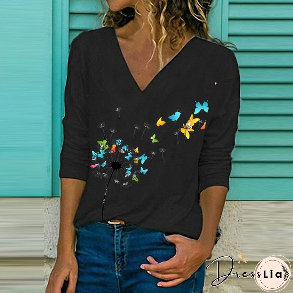 Women's Floral Printed V-neck Long Sleeve T-shirt Butterfly Printed Loose Top Casual Pullover Spring/Summer Ladies Shirt