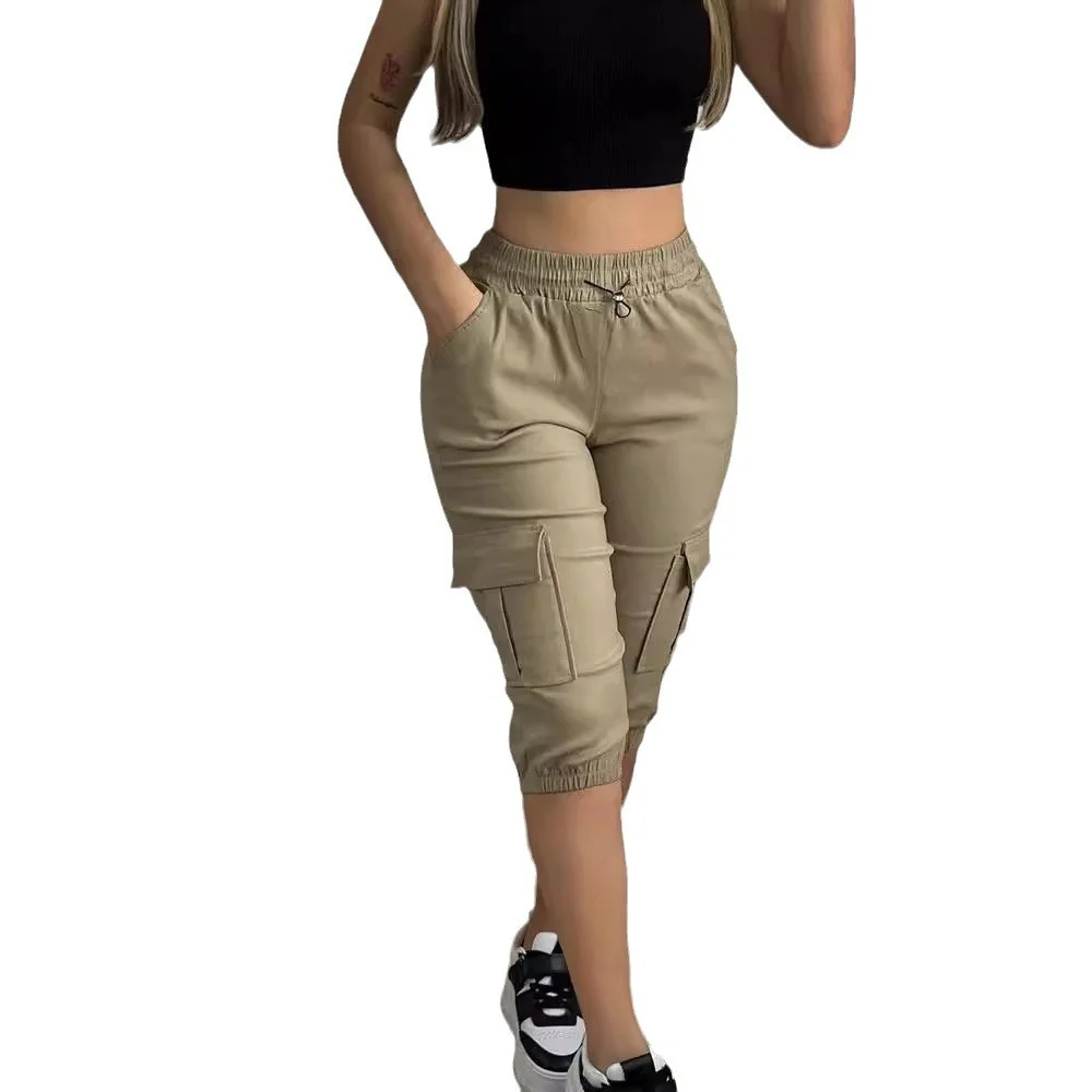 Wongn Wongn Women's Wear Tight Waist Slim Show Slim Casual Multi-Pocket Solid Color Cropped Pants