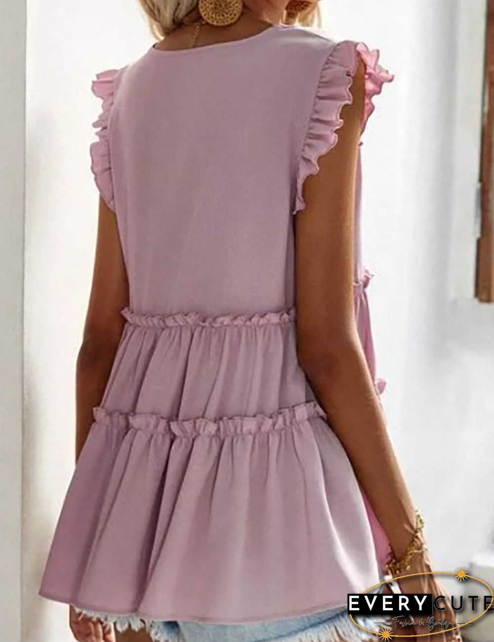 Light Pink V Neck Ruffles Sleeveless Tank Top