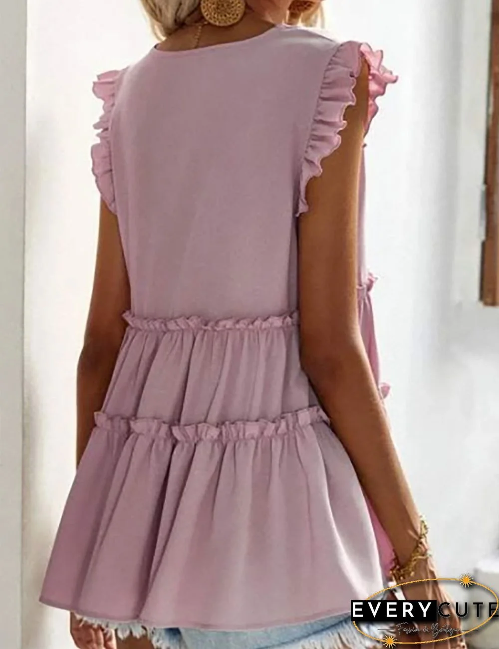 Light Pink V Neck Ruffles Sleeveless Tank Top