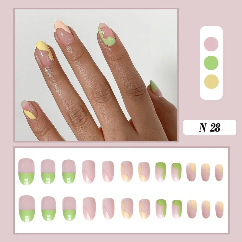 24pcs false nails matte Green Nails Patch with glue Removable Long Paragraph Fashion Manicure press on Nail tips free shipping-Nail Inspo