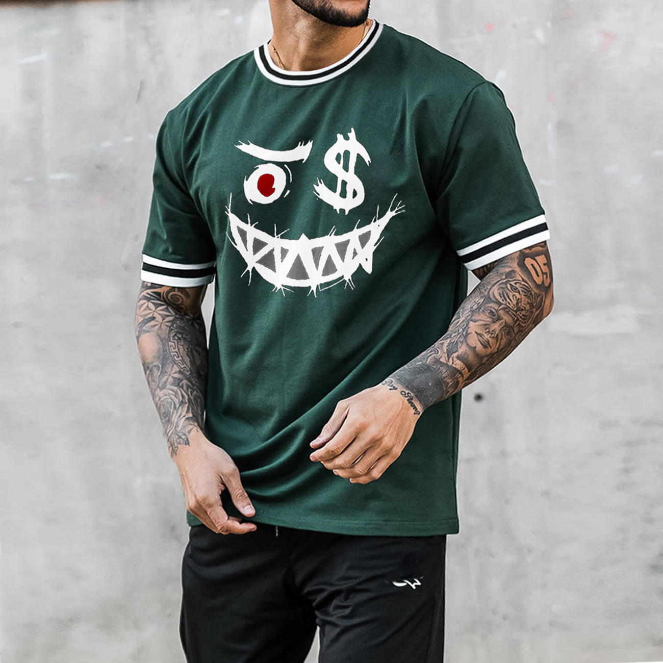 Smiley Face Print T-shirt Men's Casual Color Matching Short-sleeved T-shirt