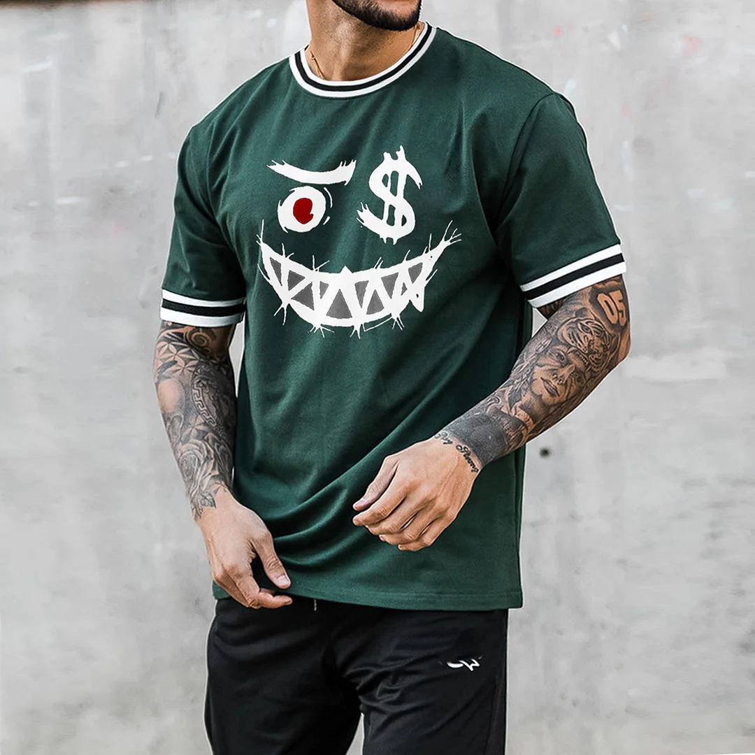 Smiley Face Print T-shirt Men's Casual Color Matching Short-sleeved T-shirt