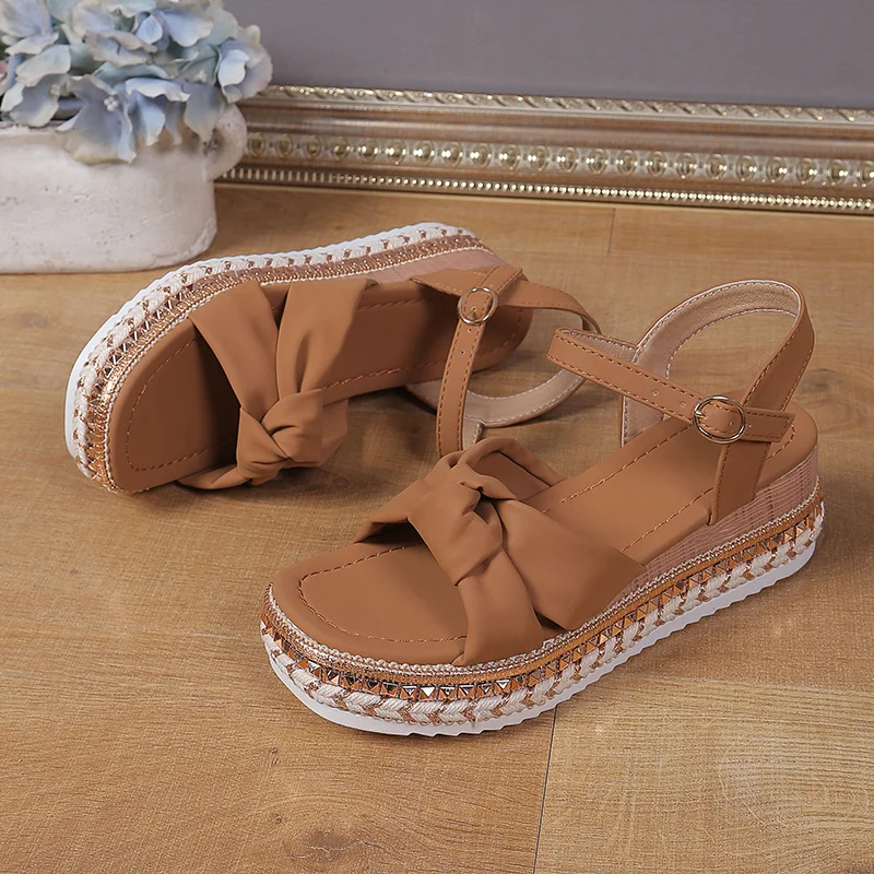 Yyvonne Summer New Loose Cake Heel Sandals Women's Bow Bow Rope Soles Of The Leisure Women's Sandals